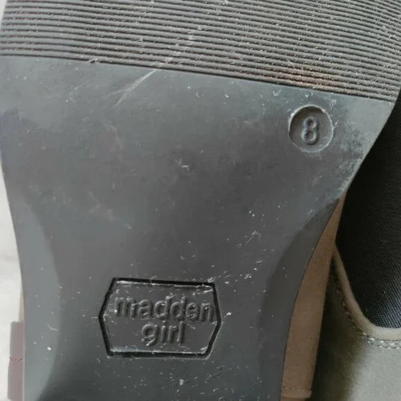 Madden Girl Ankle Boots Pull On Block Heel Women’s Size 8 Taupe Fabric - Picture 6 of 7